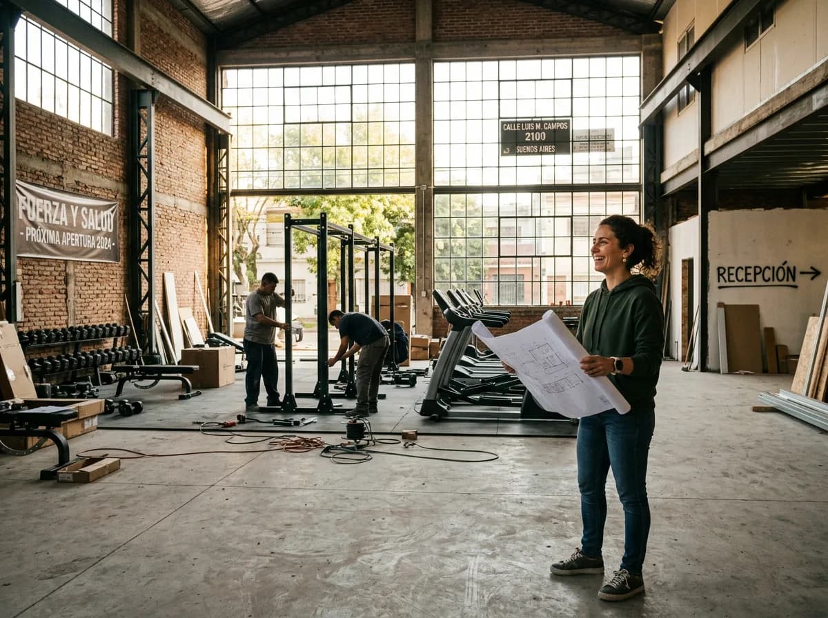 Emprendedor fitness evaluando local vacío para abrir un gimnasio en Argentina en 2026