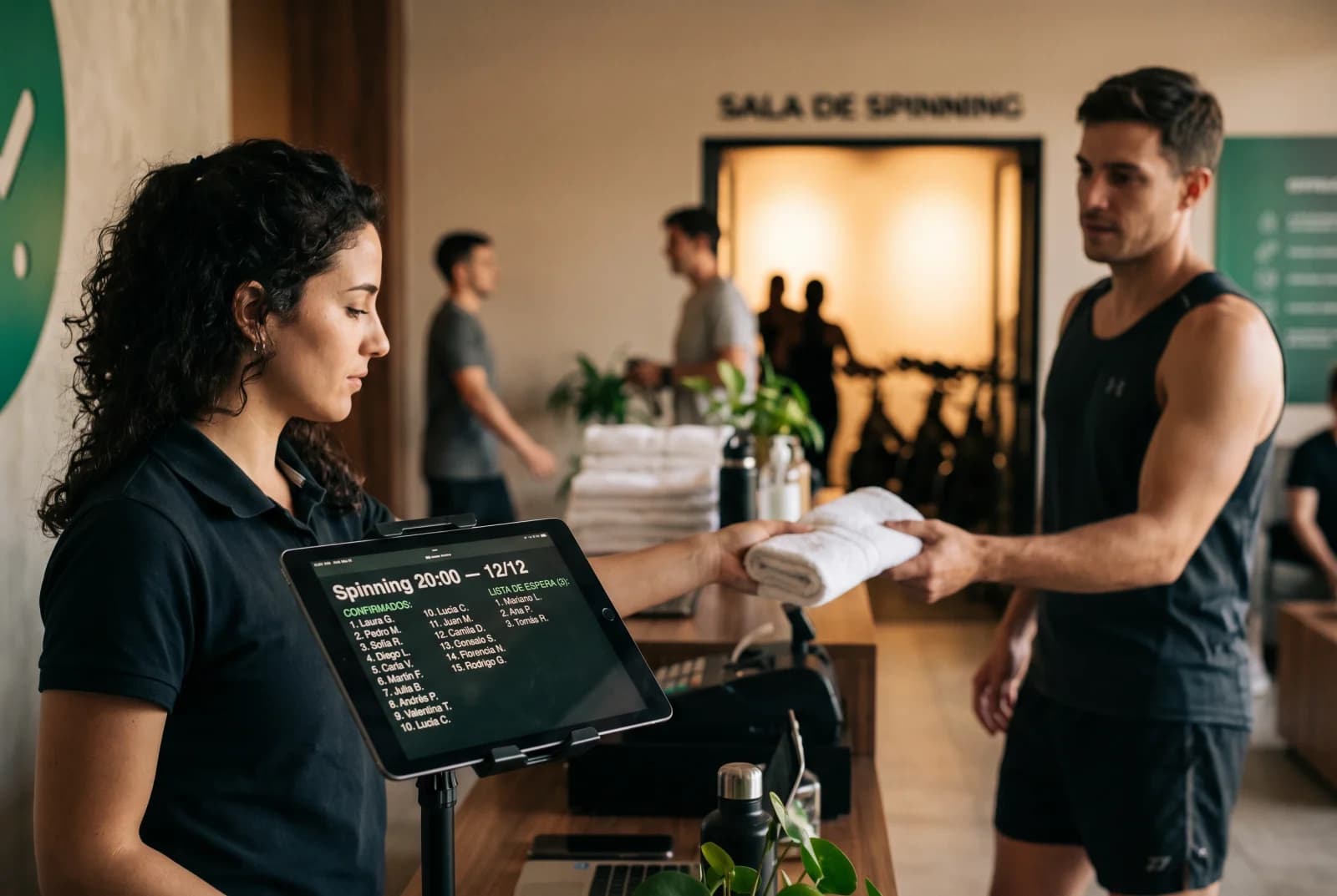 Socia reservando una clase desde su celular en el gimnasio