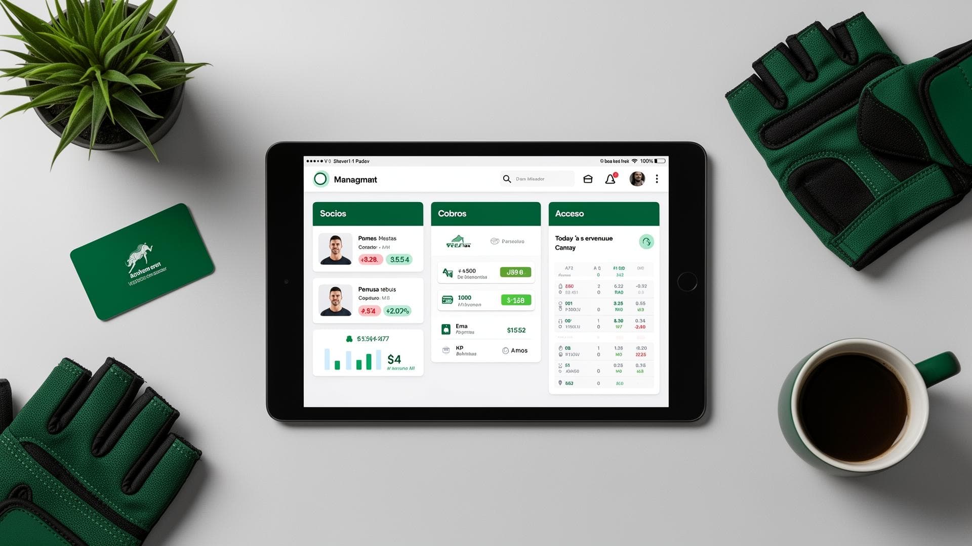 Sistema de gestión de gimnasio con panel de socios activos, cobros automáticos y control de acceso QR
