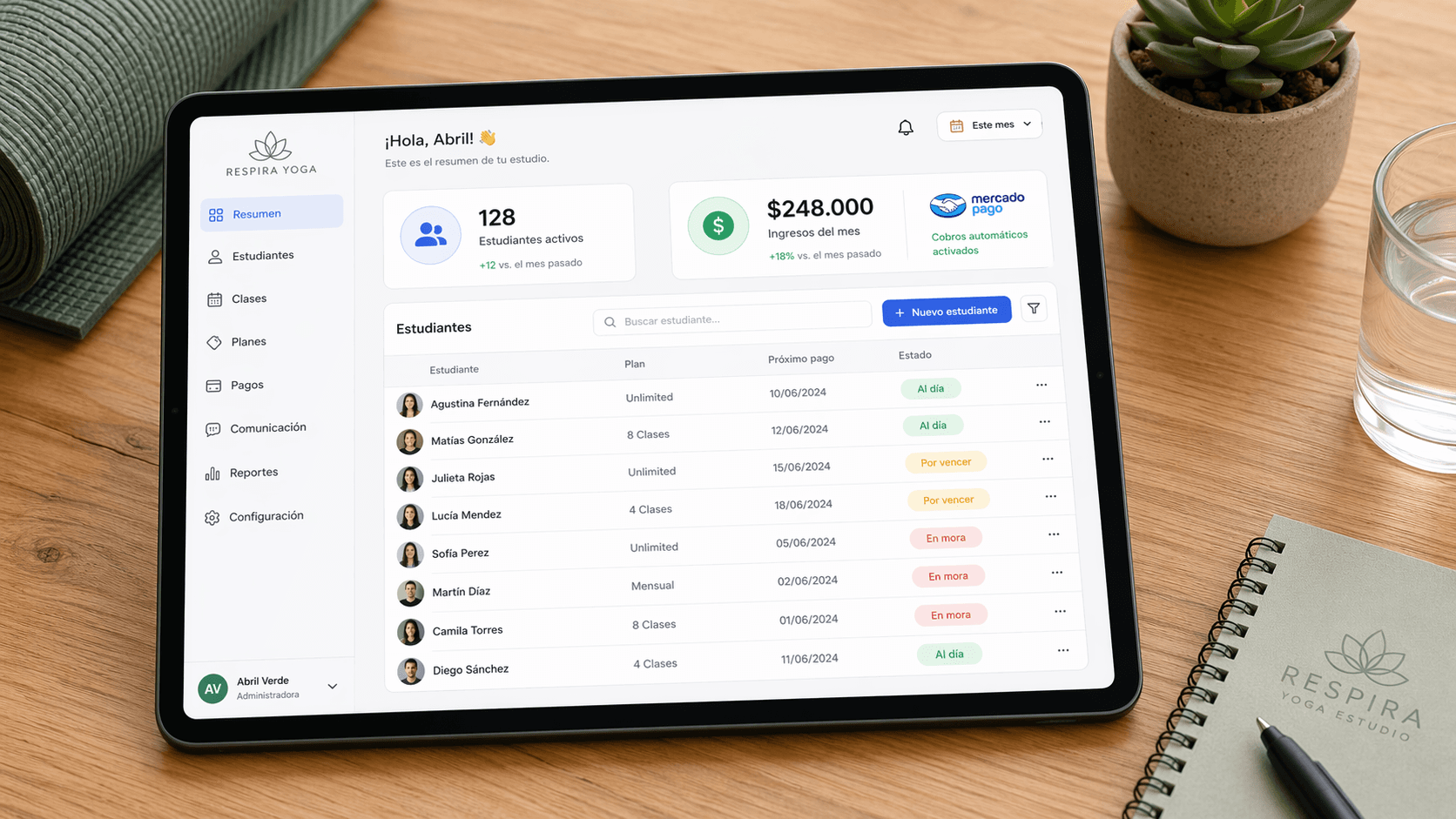 Panel de gestión de alumnos de estudio de yoga con cobros automáticos Mercado Pago Argentina