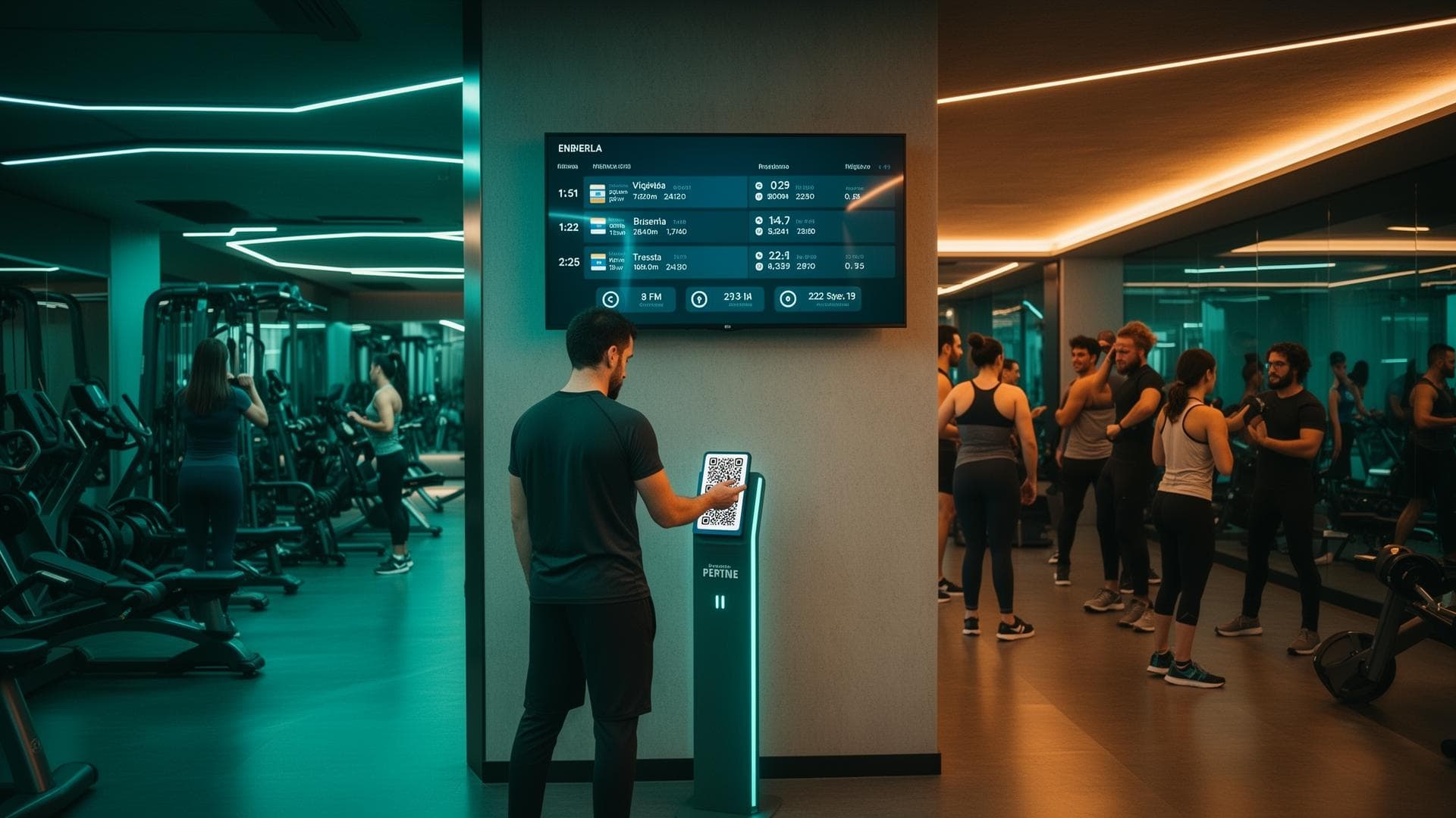 Dueño de gimnasio moderno usando tablet para gestionar socios y cobros de forma digital en Argentina