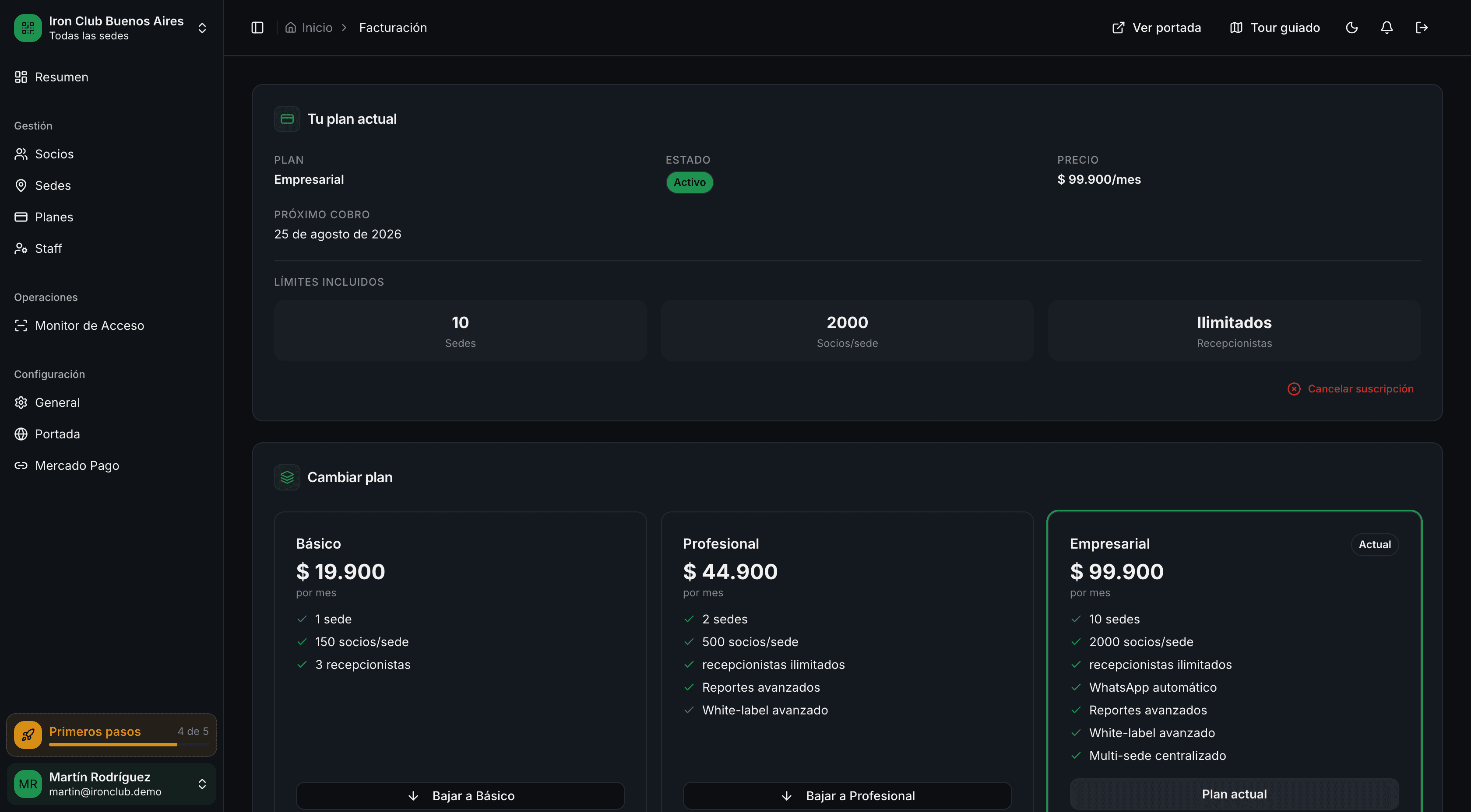 Panel de facturación de GymSmartAccess: plan activo con Mercado Pago conectado y fecha de renovación