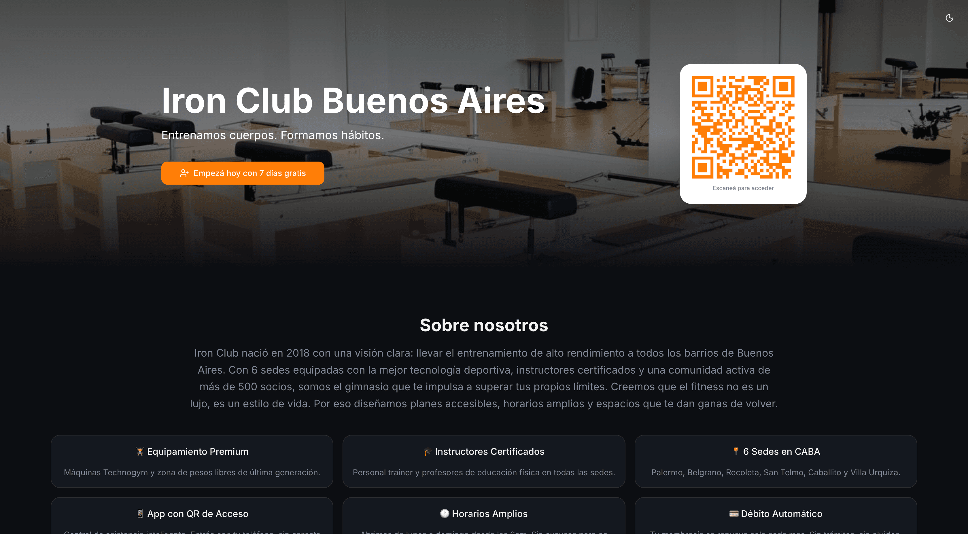 Landing pública personalizada de un gimnasio en GymSmartAccess con planes de membresía y botón de suscripción