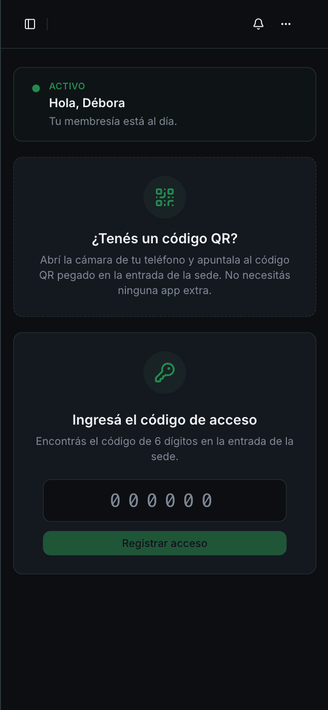Socio usando GymSmartAccess: QR de acceso desde el celular sin necesidad de instalar ninguna app