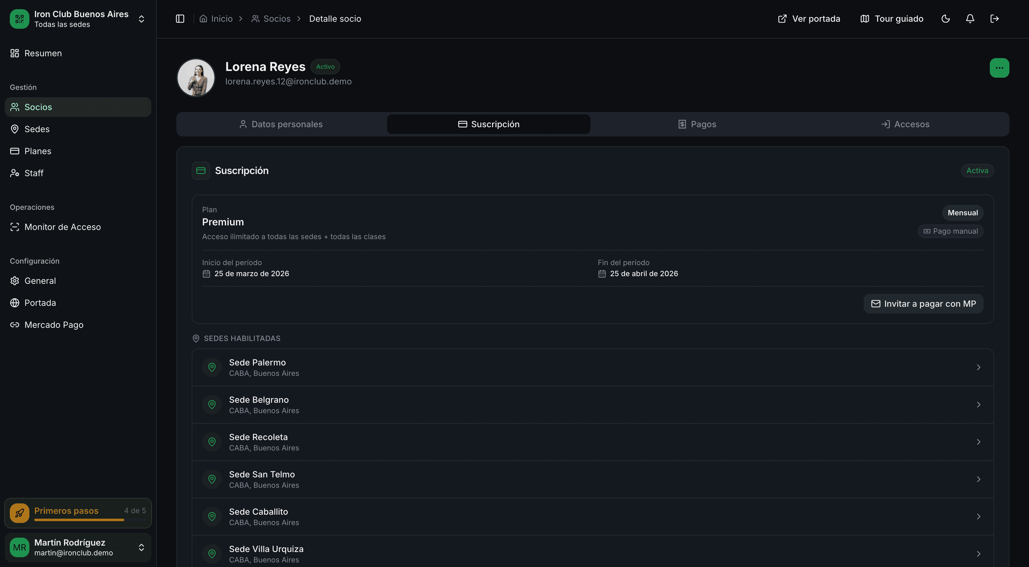 Detalle de suscripción de un socio en GymSmartAccess: plan activo con cobro automático mensual vía Mercado Pago