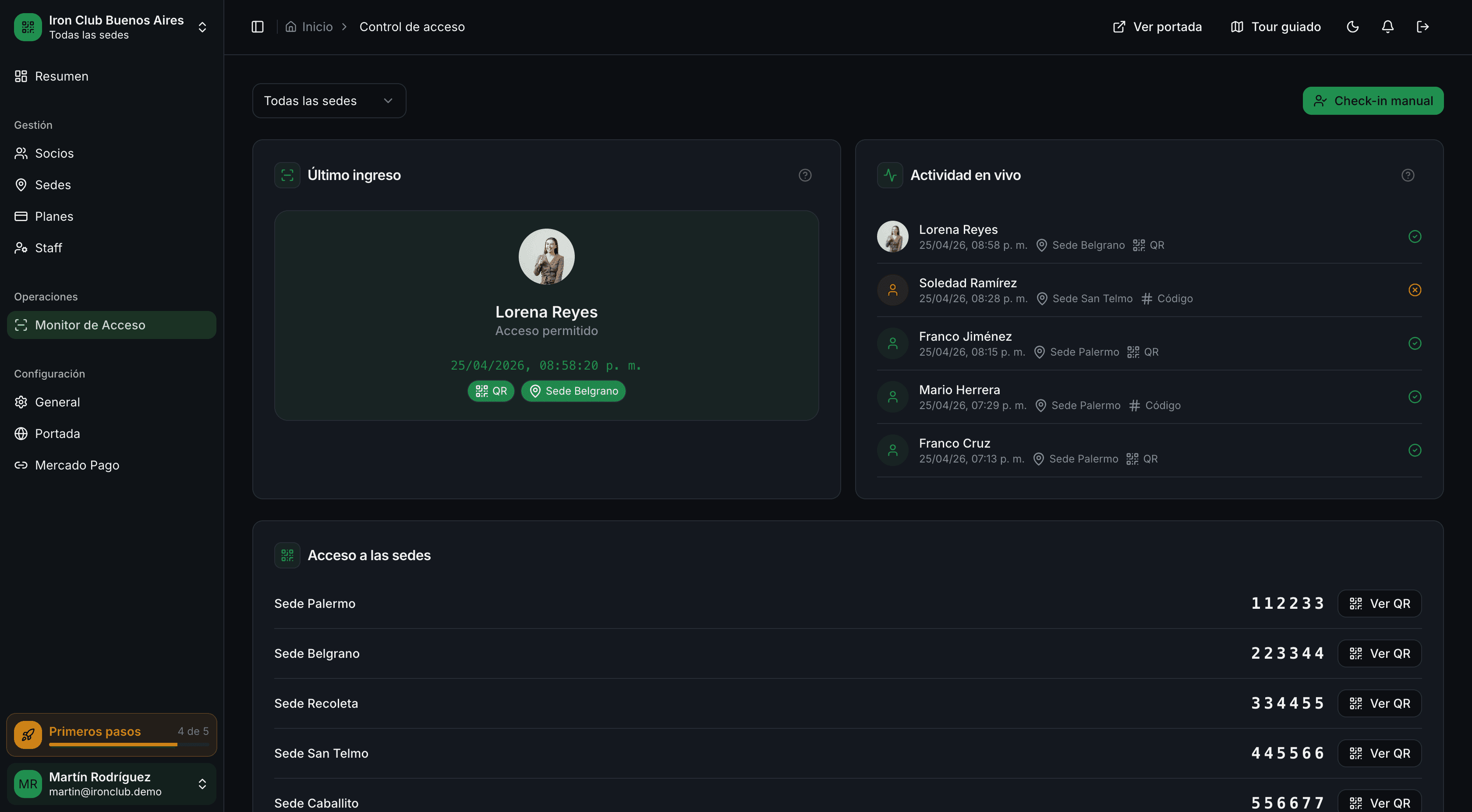 Monitor de acceso en tiempo real de GymSmartAccess: acceso permitido en verde con foto y nombre del socio