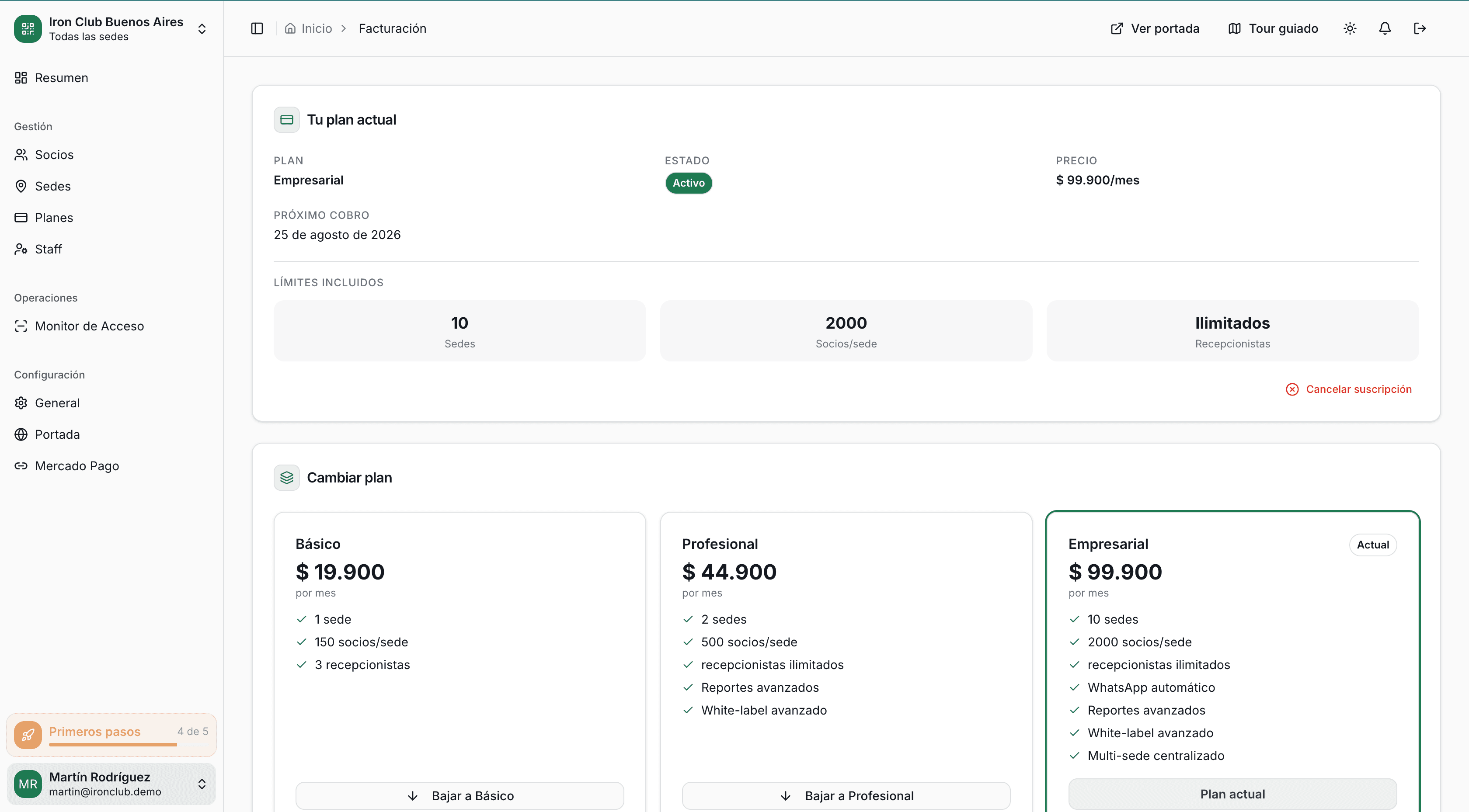 Panel de facturación de GymSmartAccess: plan activo con Mercado Pago conectado y fecha de renovación