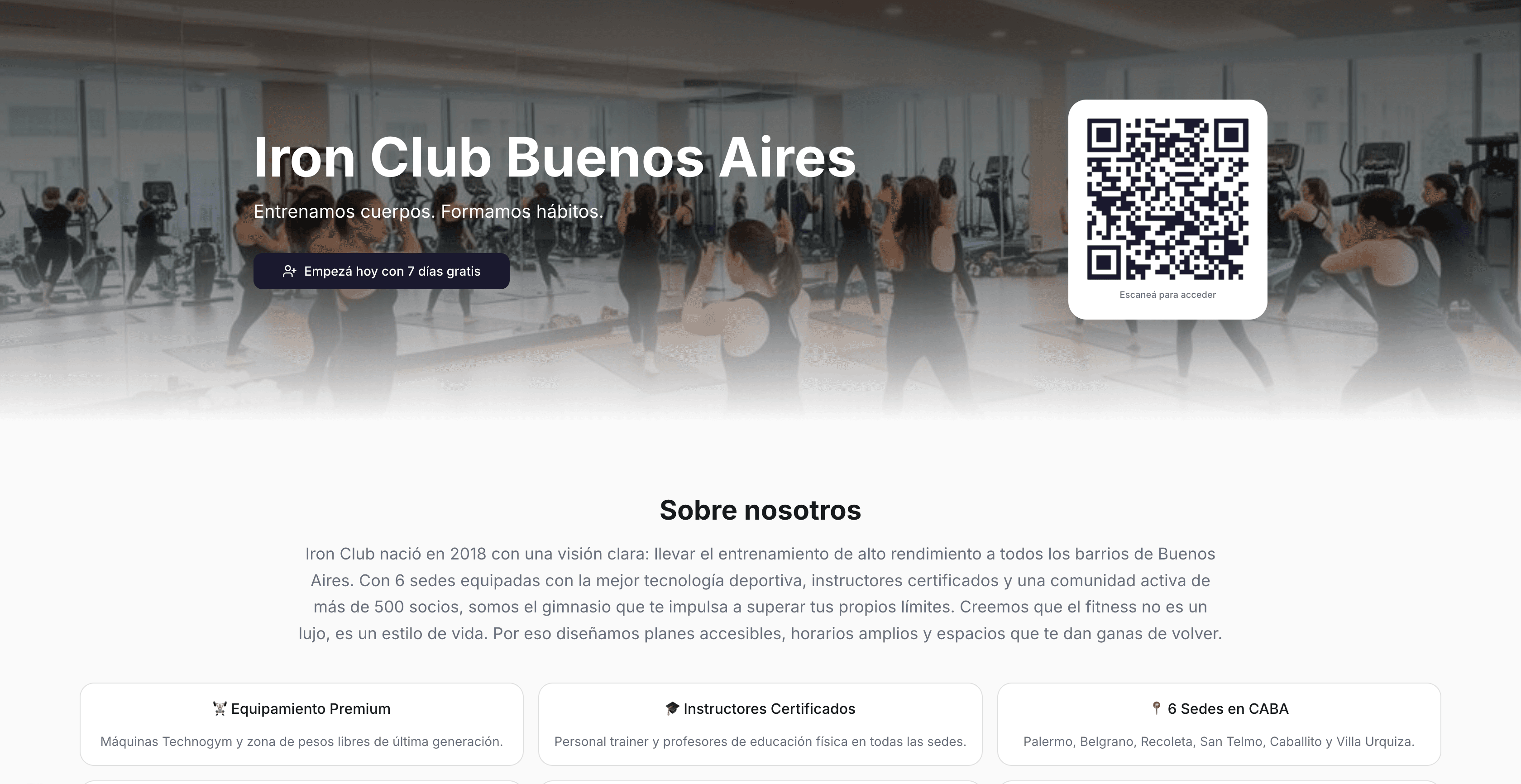 Landing pública personalizada de un gimnasio en GymSmartAccess con planes de membresía y botón de suscripción