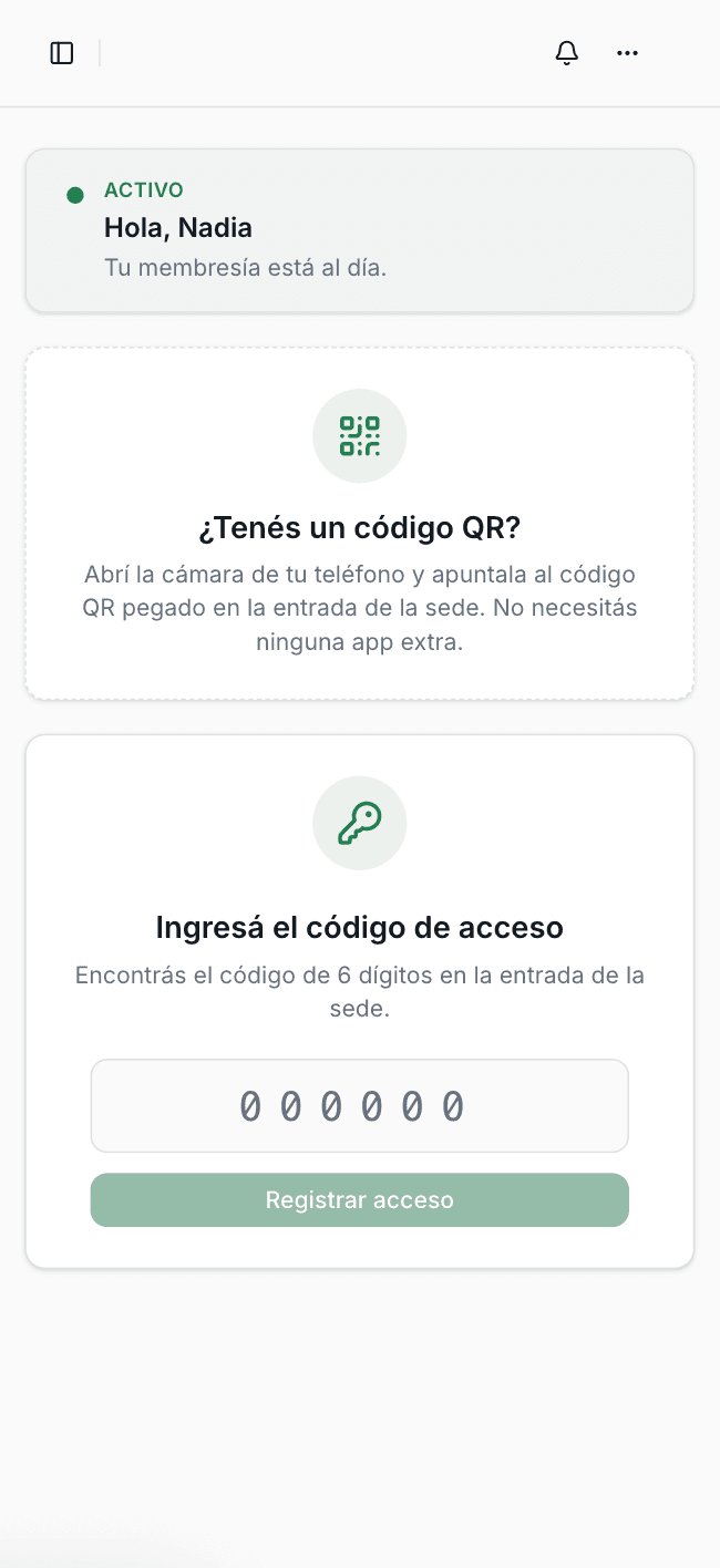 Vista del socio en GymSmartAccess: acceso activo con QR desde el navegador del celular, sin necesidad de descargar una app