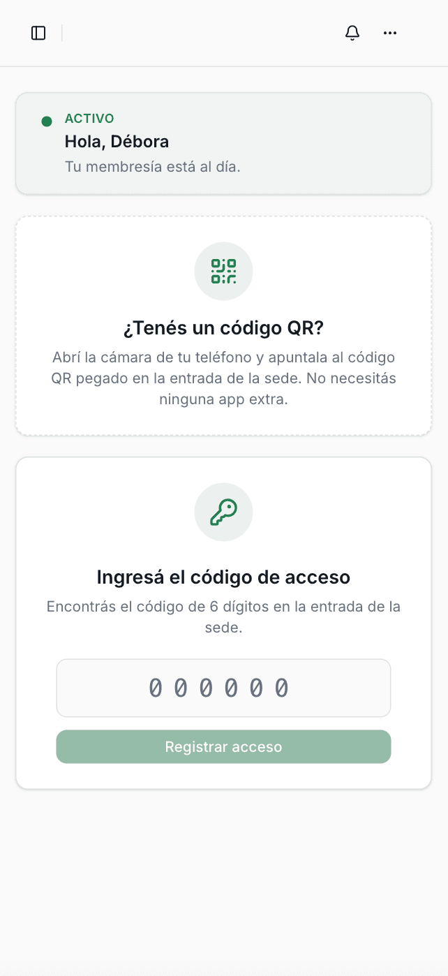 Socio usando GymSmartAccess: QR de acceso desde el celular sin necesidad de instalar ninguna app
