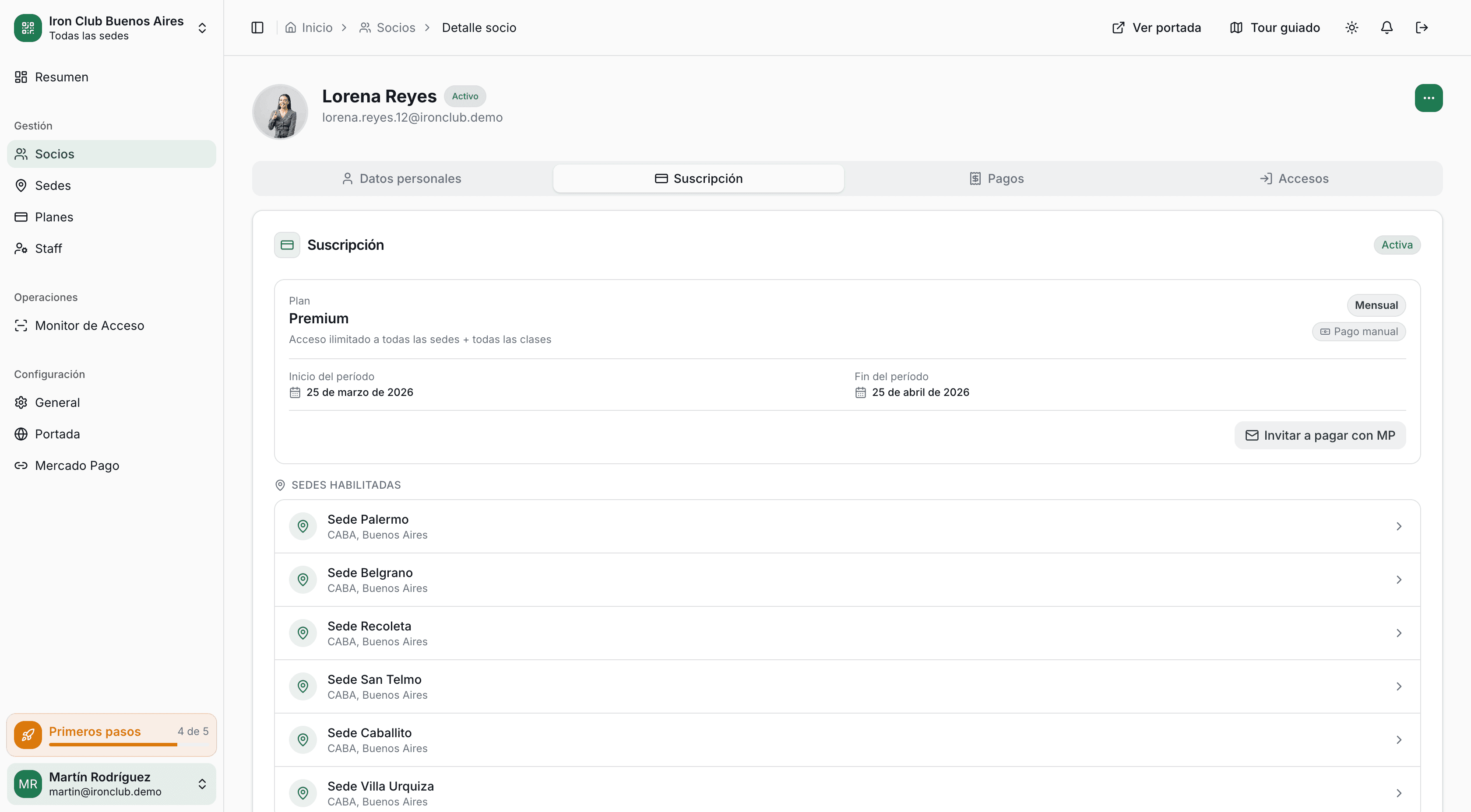 Detalle de suscripción de un socio en GymSmartAccess: plan activo con cobro automático mensual vía Mercado Pago