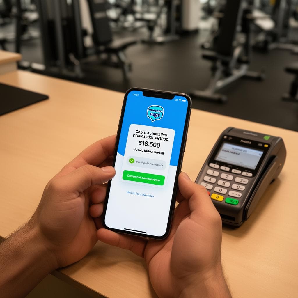 Celular con app de Mercado Pago mostrando suscripción activa de membresía de gimnasio