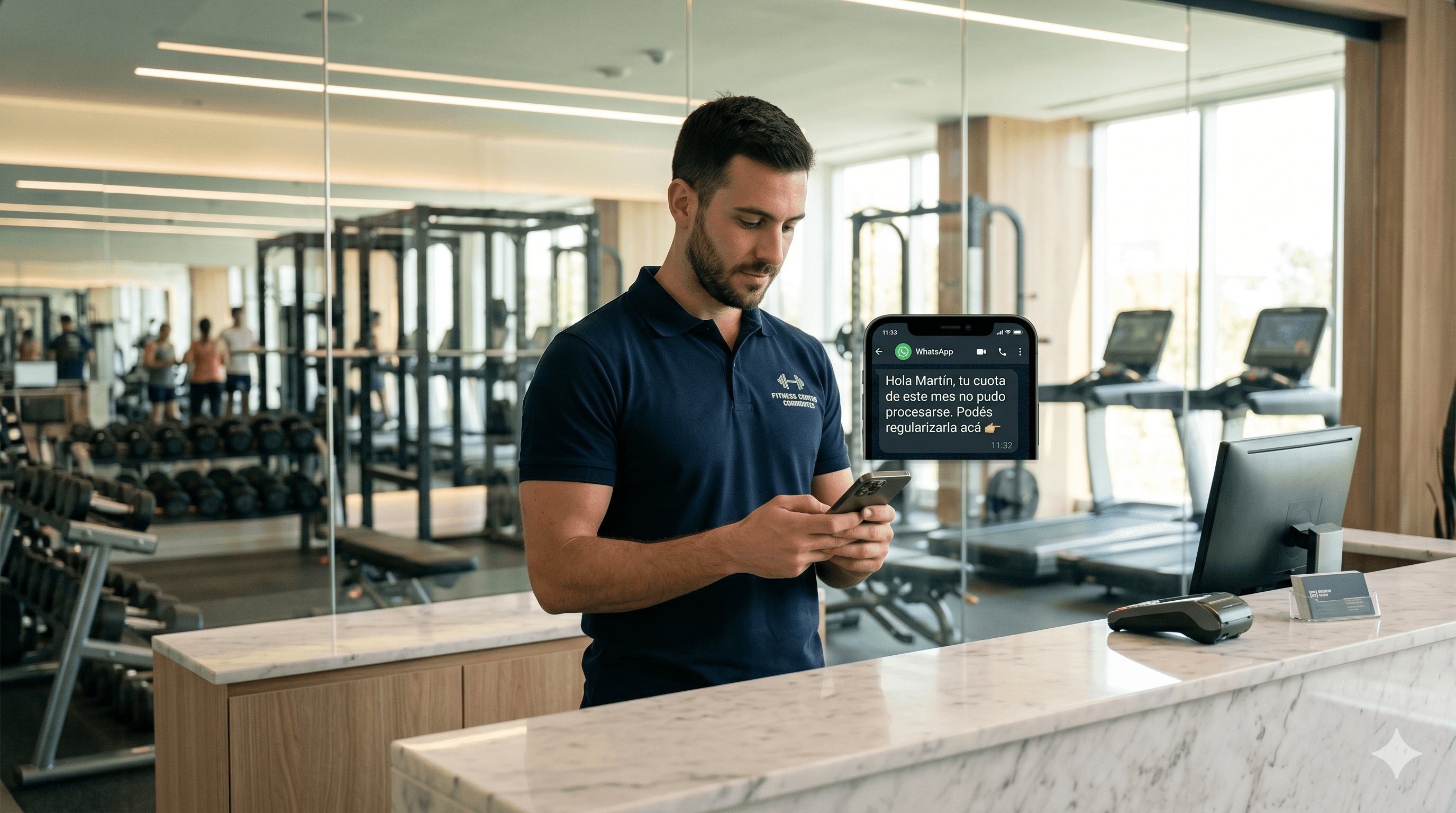 Celular con mensaje de WhatsApp automático de recordatorio de pago de gimnasio Argentina