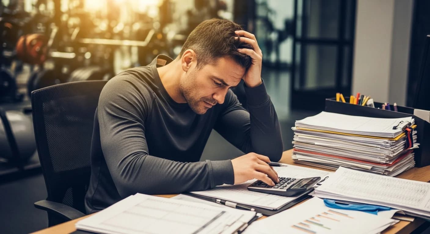 Dueño de gimnasio frustrado con papeleo, gestionando pagos manualmente en la recepción, simbolizando pérdida de tiempo y recursos.