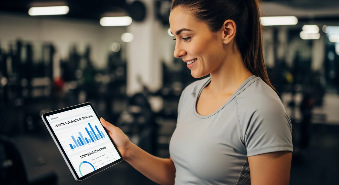 Dueña de gym sonriendo, mirando dashboard en tablet con cobros automáticos exitosos y morosidad reducida en su gimnasio.