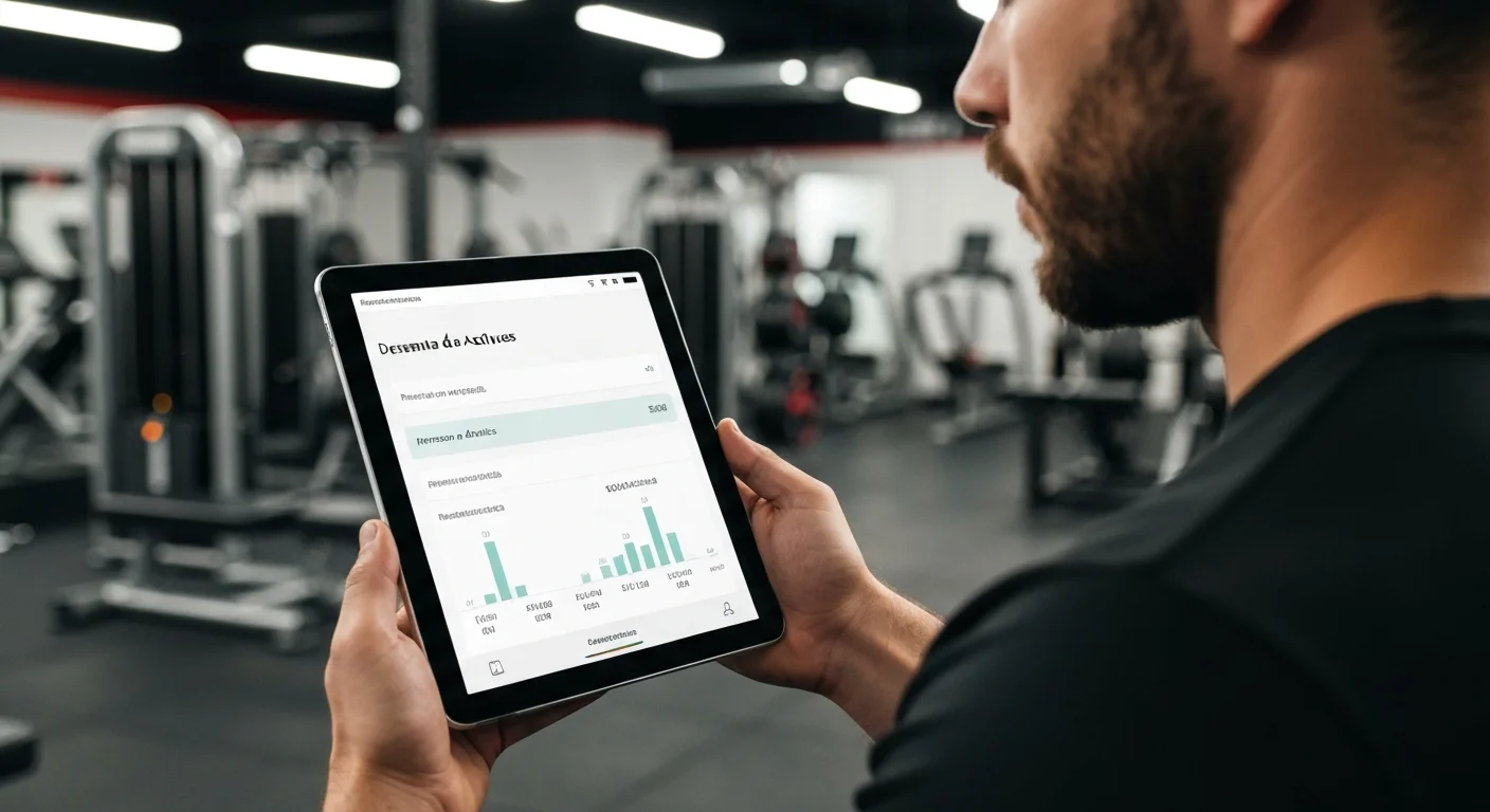 Dueño de gimnasio en Argentina revisando un dashboard financiero con métricas de socios en su tablet.