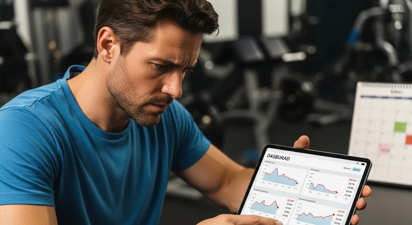 Dueño de gimnasio revisando un dashboard financiero con preocupación por la morosidad y cobros atrasados.