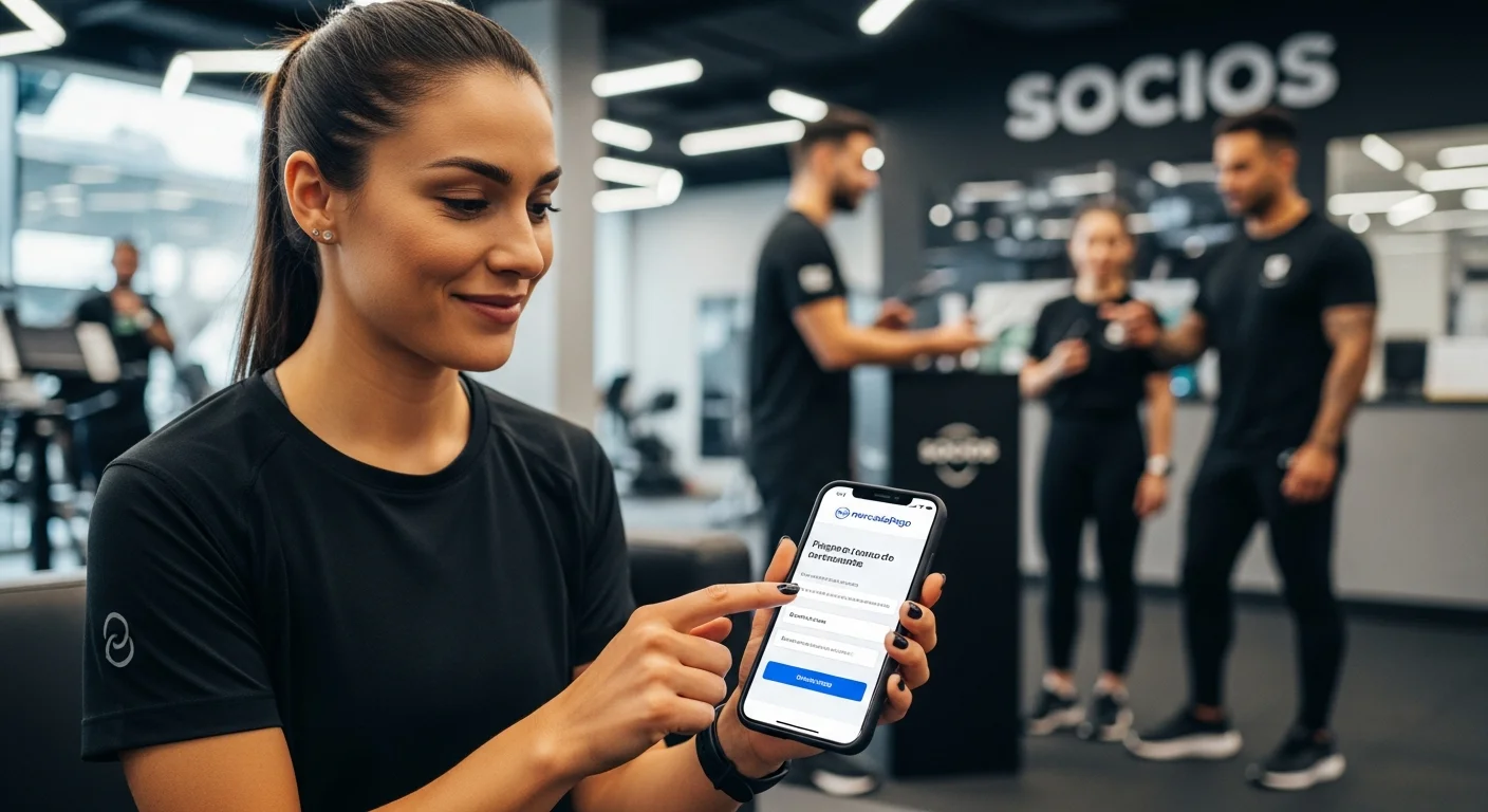Socio pagando su cuota del gimnasio de forma sencilla y segura con Mercado Pago en su celular.