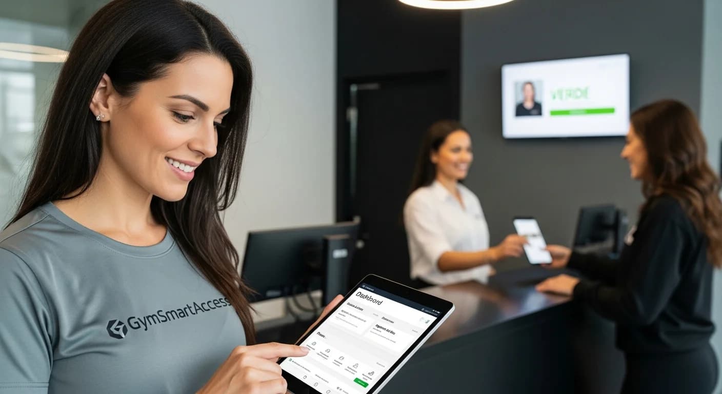 Dueña de gimnasio revisando el dashboard de GymSmartAccess en una tablet, con recepcionista asistiendo un socio en un entorno moderno.