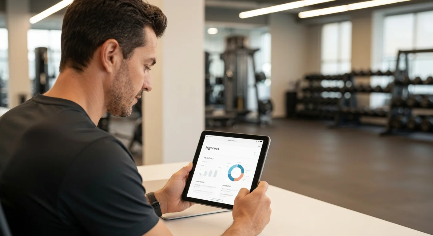 Dueño de gimnasio en Argentina revisando métricas financieras y rentabilidad en su tablet dentro de una oficina moderna.