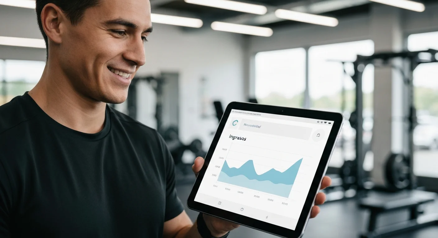 Dueño de gimnasio en Argentina revisando métricas financieras y el estado de la morosidad en una tablet.