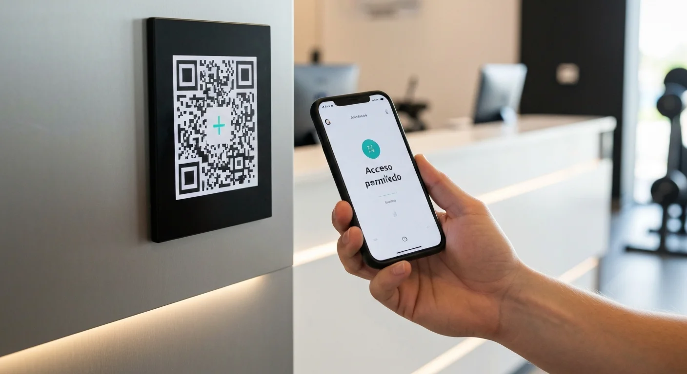Socio de box de CrossFit realizando el check-in mediante código QR en la recepción.
