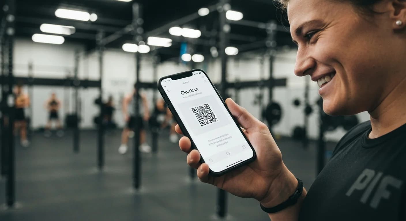 Socio ingresando a un box de CrossFit mediante un sistema de control de acceso por QR desde su teléfono celular.