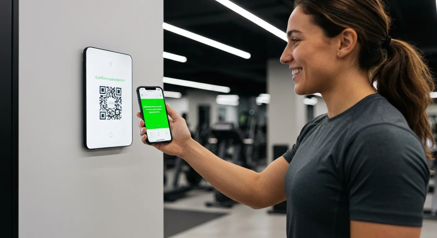 Socio de gimnasio realizando el check-in automático mediante escaneo de código QR en la entrada de la sede.