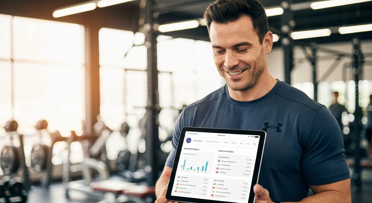 Dueño de gimnasio en Argentina revisando métricas de cobranza y socios en su tablet.