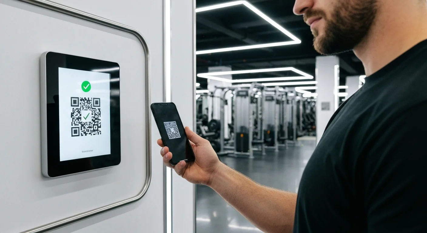 Socio ingresando al gimnasio mediante el escaneo de un código QR en el sistema de control de acceso.