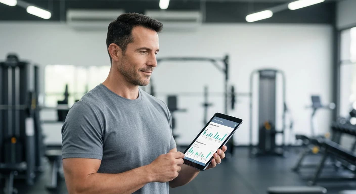 Dueño de gimnasio en Argentina revisando métricas financieras y rentabilidad en su tablet dentro de su sede.