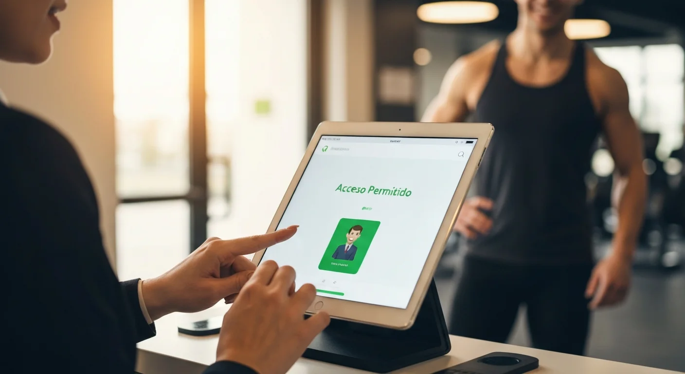 Recepción de gimnasio utilizando sistema de gestión para validar el check-in de un socio con acceso permitido.