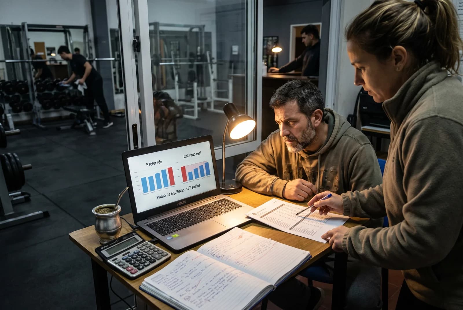 Dueño de gimnasio calculando la rentabilidad del mes