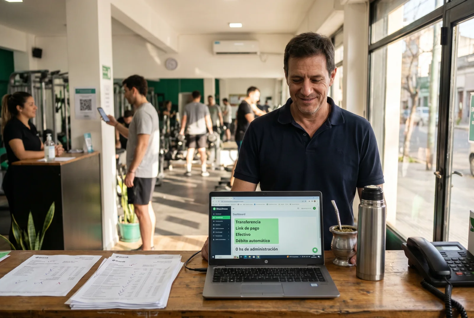 Dueño de gimnasio revisando los cobros del mes en el panel de gestión