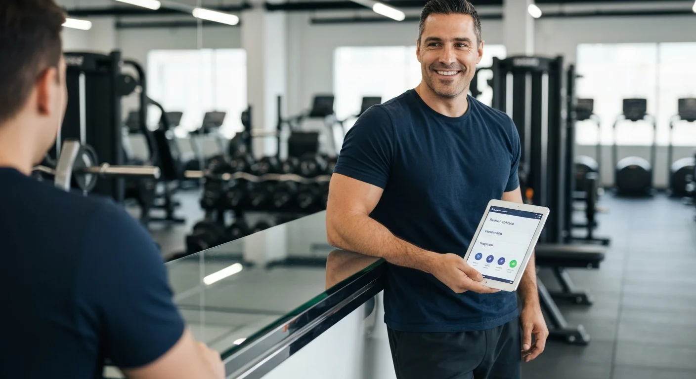 Dueño de gimnasio en Argentina gestionando socios y cobros desde su tablet con una plataforma de gestión profesional.