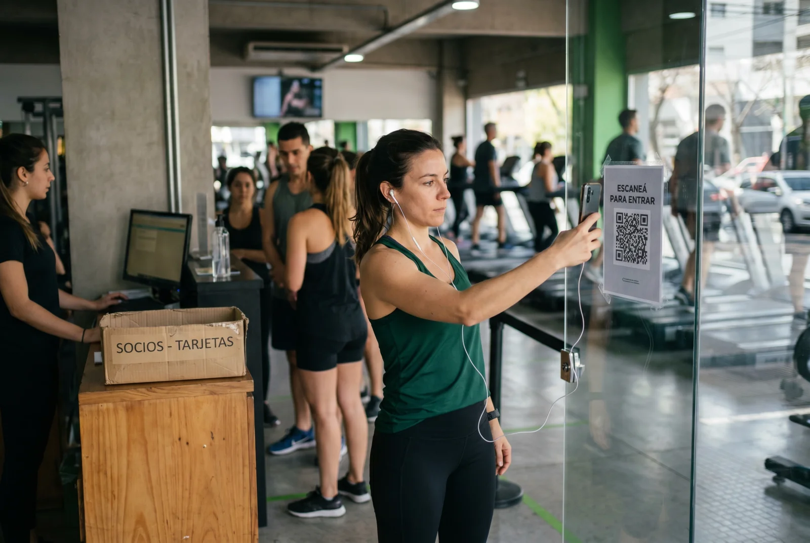 Socio escaneando el QR de la entrada del gimnasio con su celular