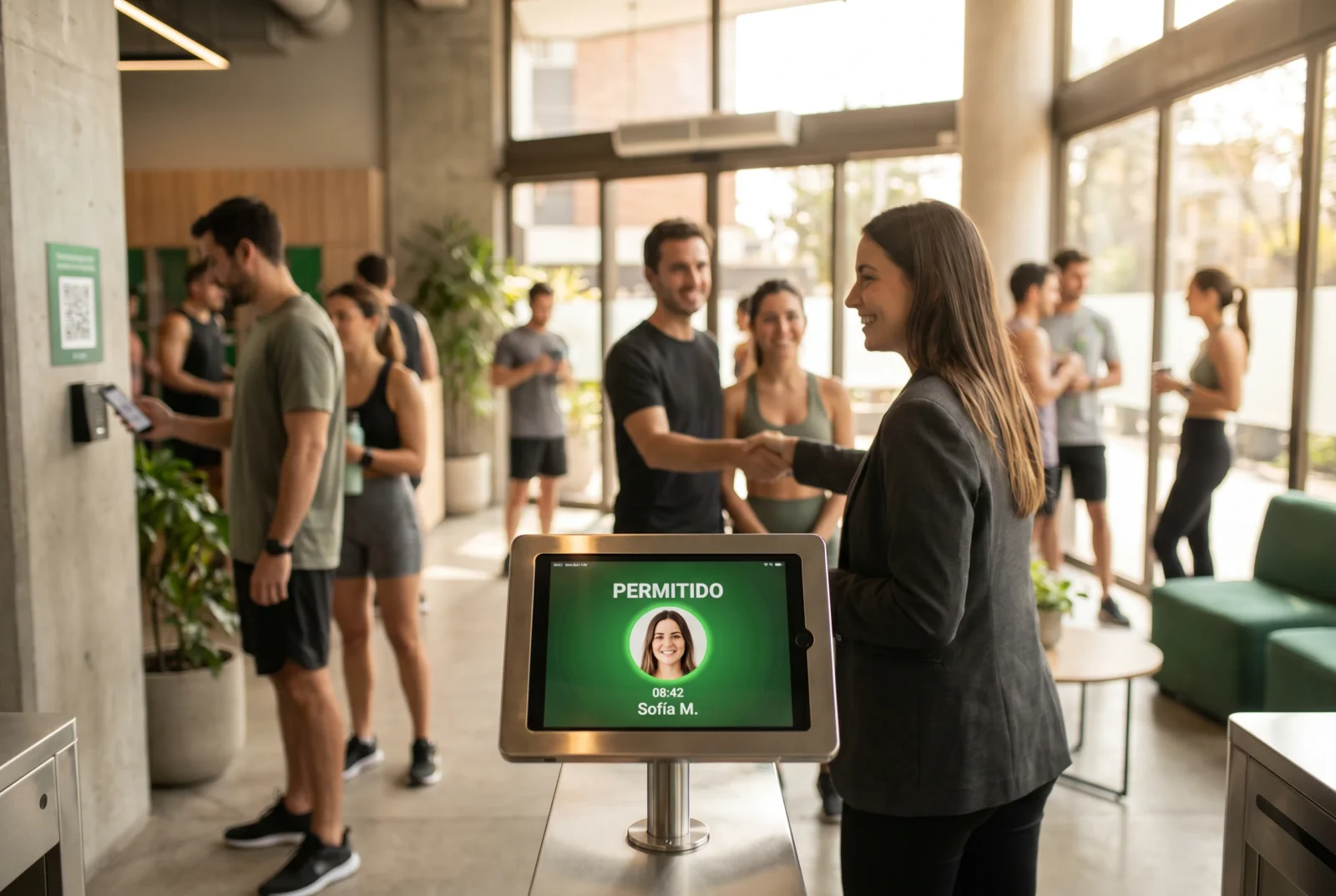 Monitor de acceso en recepción mostrando un ingreso permitido en verde