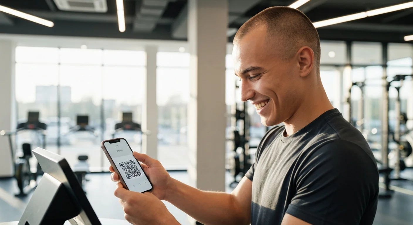 Socio de gimnasio realizando el check-in mediante código QR en su celular para ingresar al establecimiento.