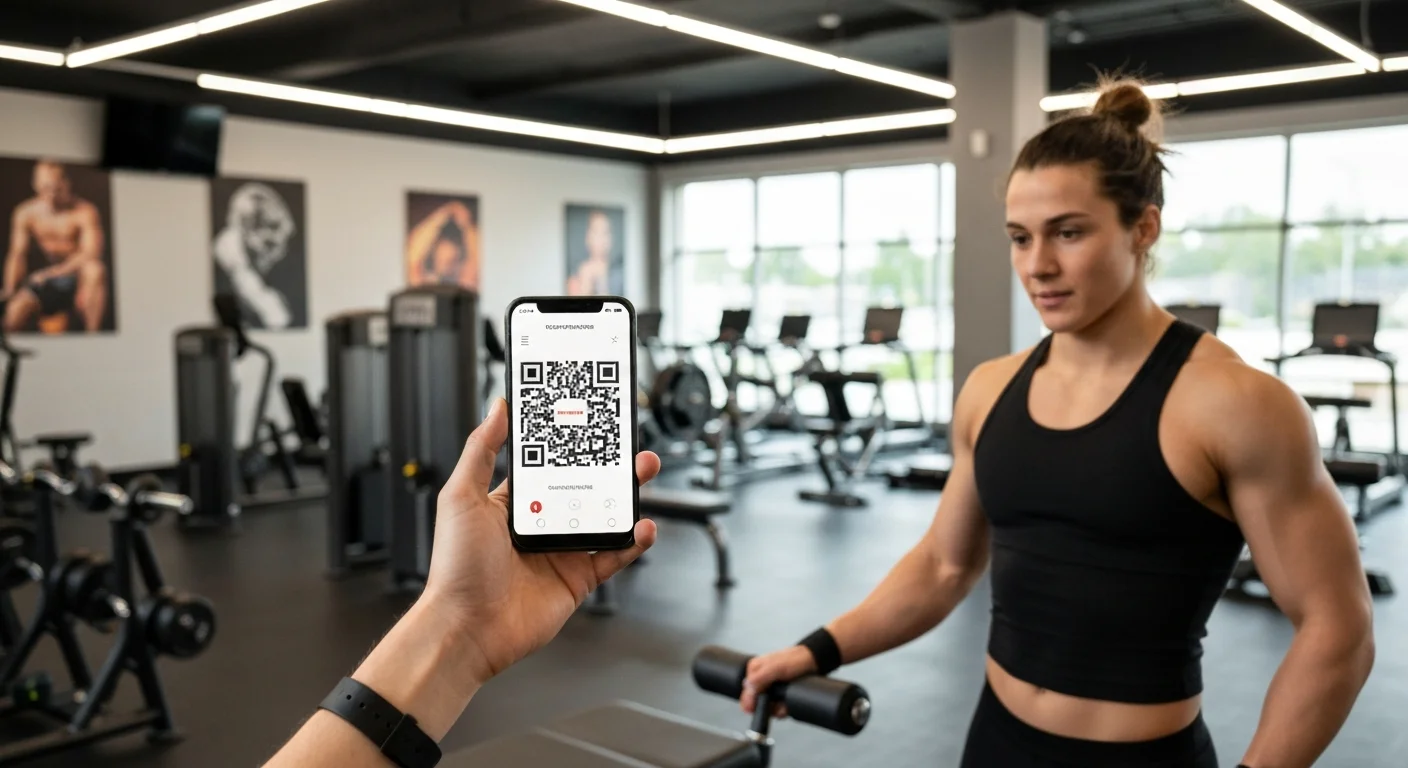 Socio de gimnasio realizando el check-in mediante código QR en un sistema de gestión de acceso automático.