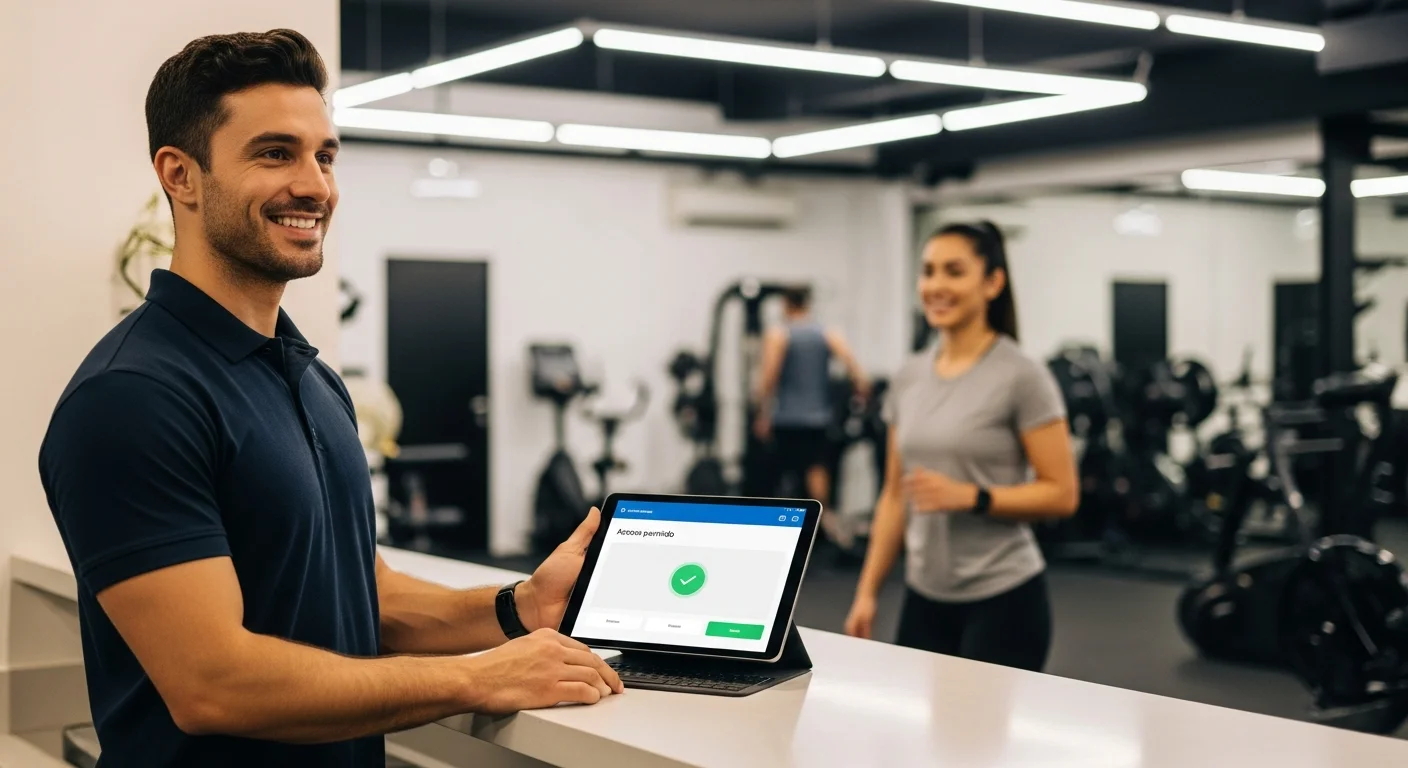 Dueño de gimnasio en Argentina usando una tablet para gestionar el control de acceso digital de forma sencilla.