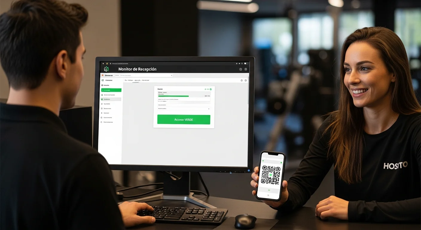 Staff de gimnasio validando el ingreso de un socio mediante un código QR en el monitor de recepción.