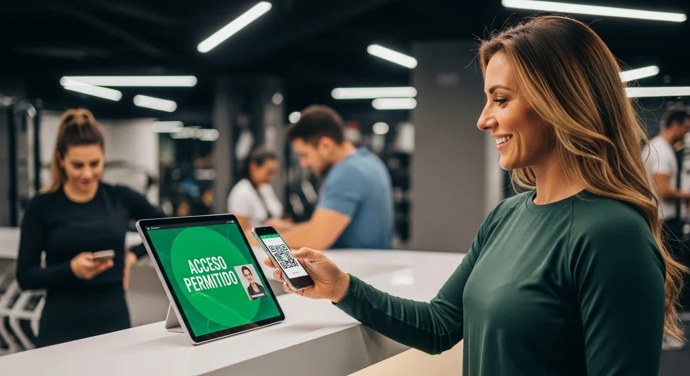 Socio escaneando código QR en tablet de recepción, mostrando 'ACCESO PERMITIDO' en pantalla verde.