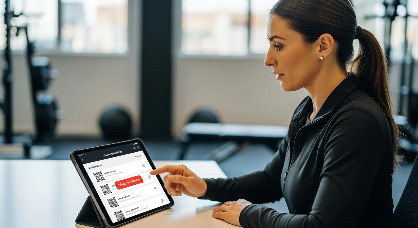 Gerenta de gimnasio gestionando códigos QR y códigos de 6 dígitos para socios en una tablet.