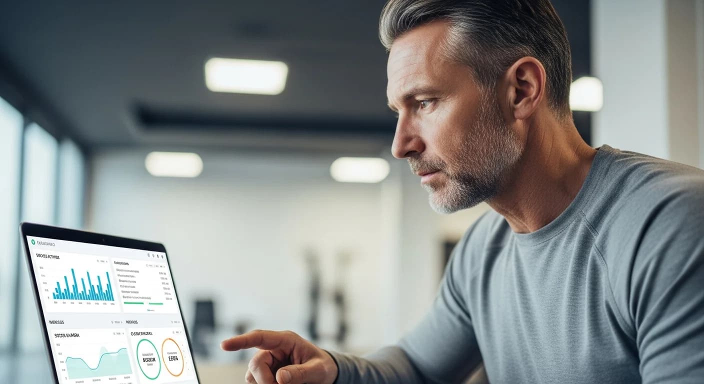 Dueño de gimnasio analizando dashboard con métricas de socios en mora y cuotas vencidas en su laptop.