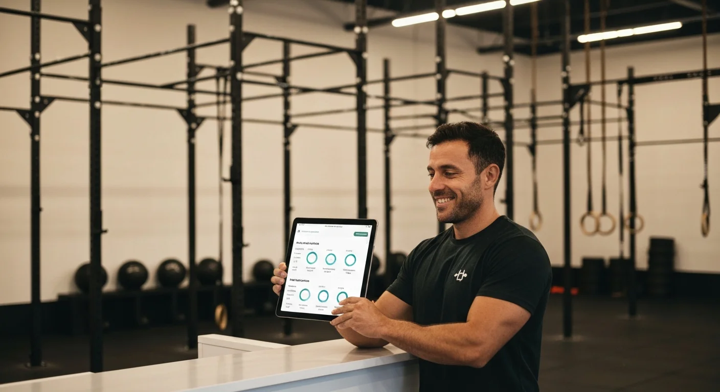 Dueño de box de CrossFit en Argentina revisando métricas de gestión en una tablet.