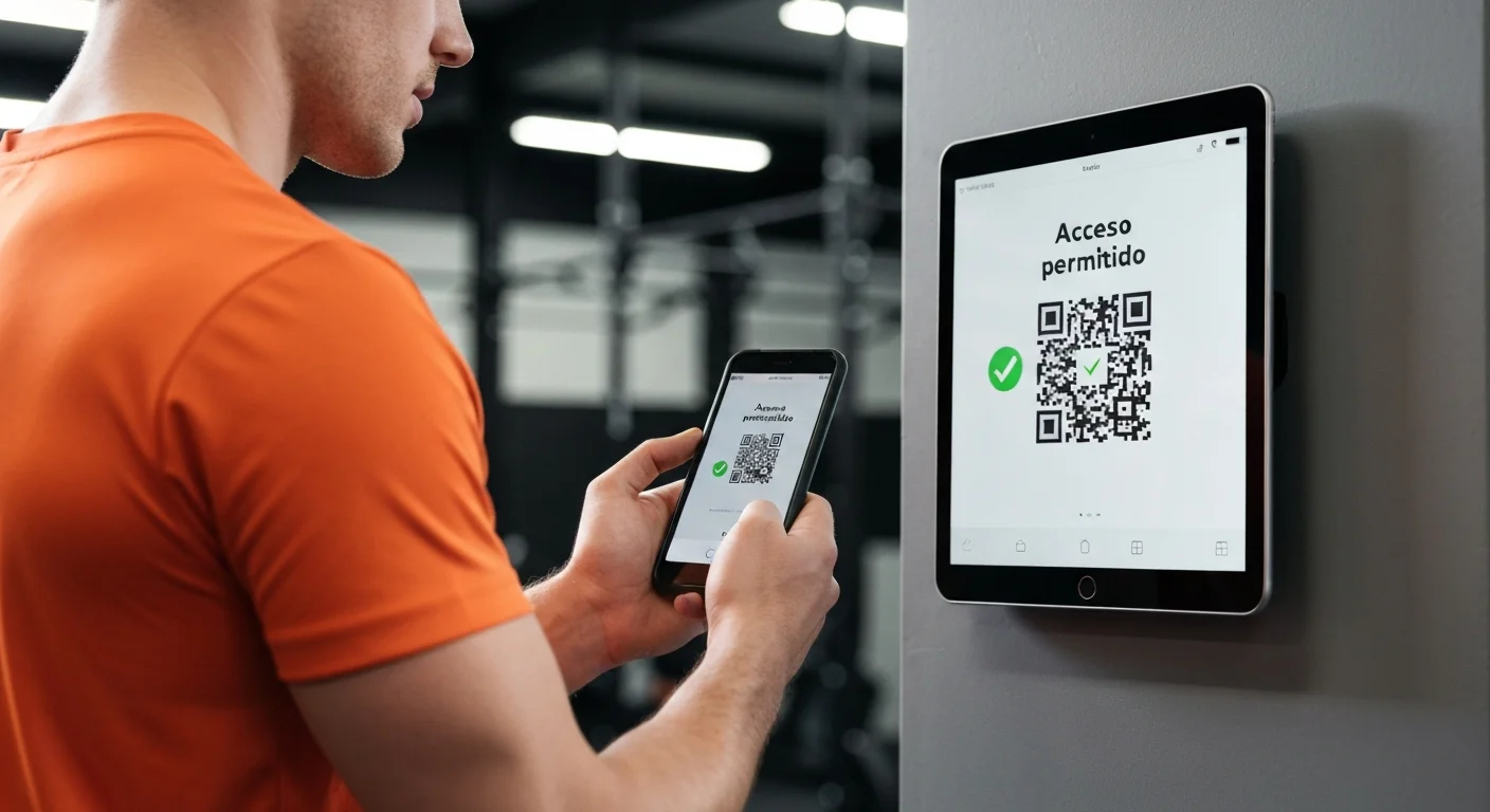 Socio realizando check-in con código QR en la entrada de un box de CrossFit.