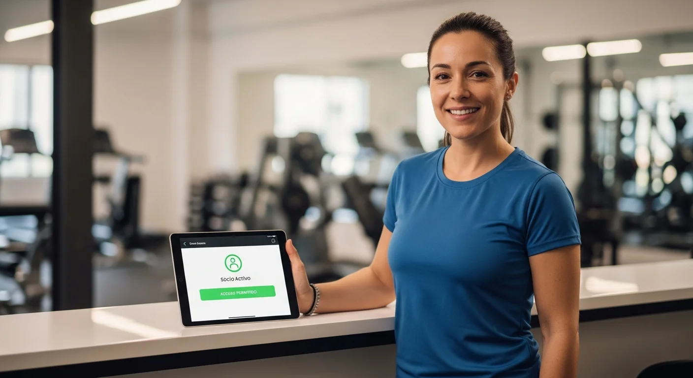 Dueño de gimnasio revisando el panel de control de socios activos y accesos en su tablet en Argentina.