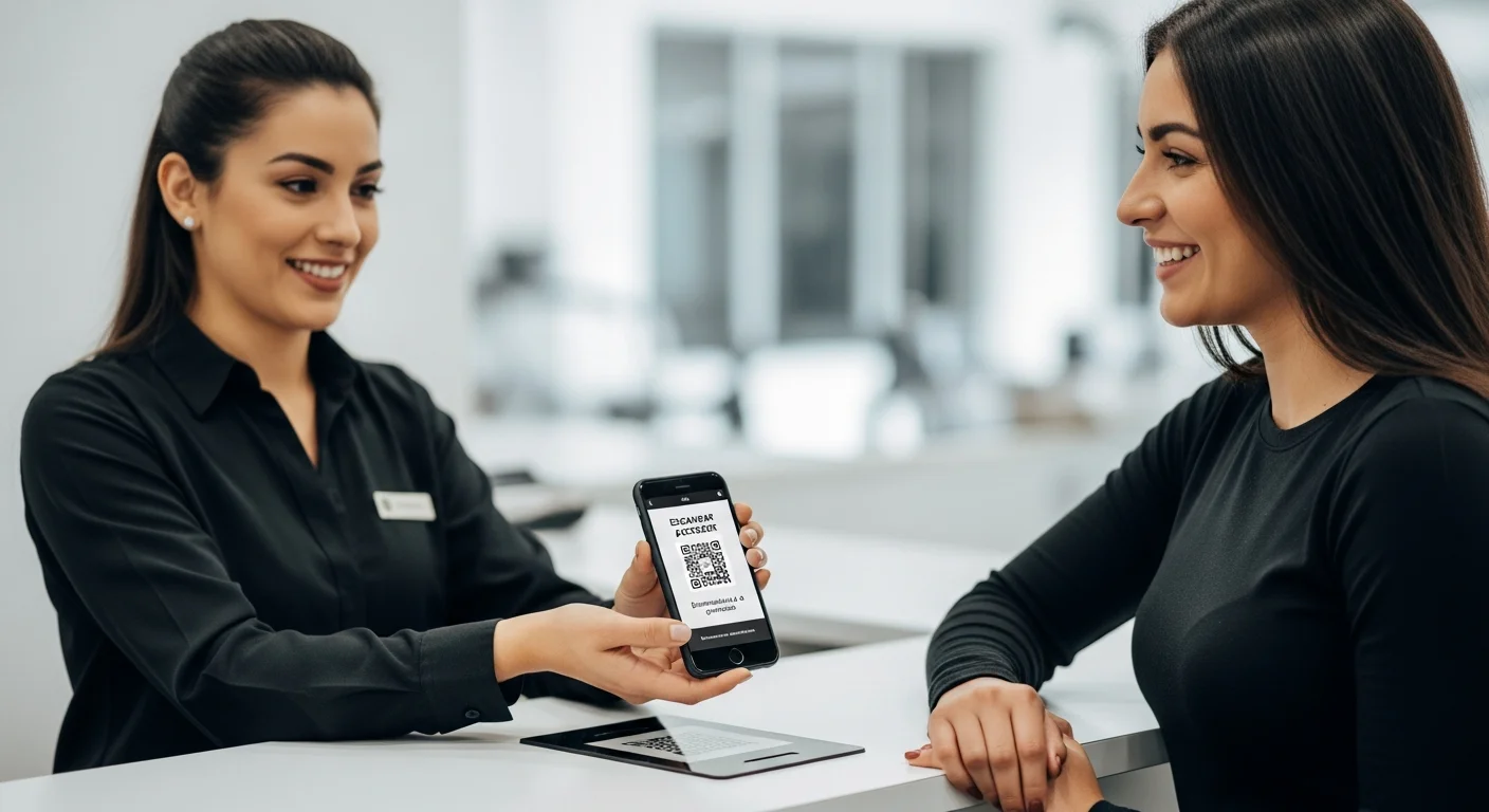 Socio realizando el check-in con código QR en la recepción de un gimnasio en Argentina.