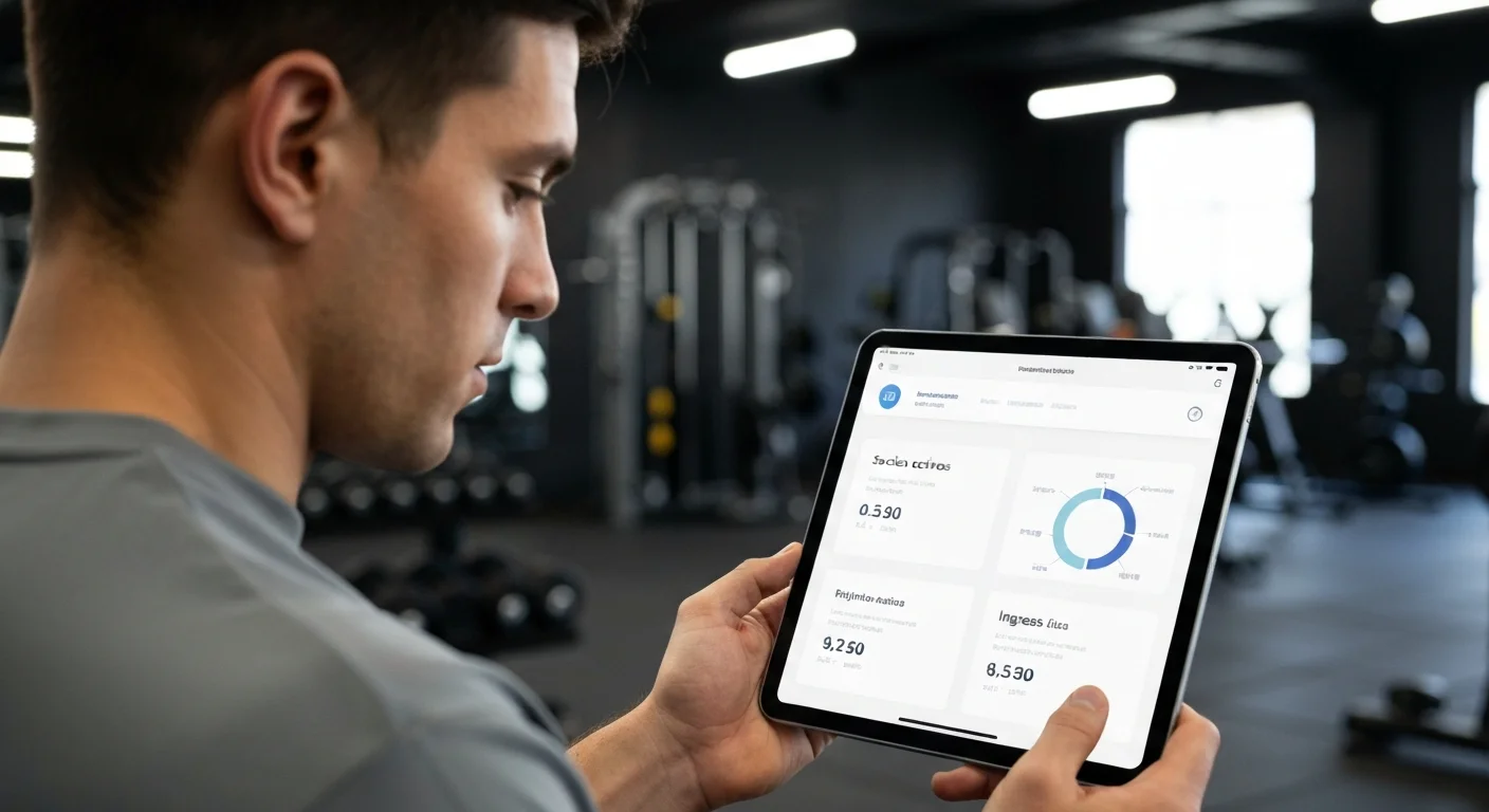 Dueño de gimnasio en Argentina revisando métricas de pagos y socios en su tablet.