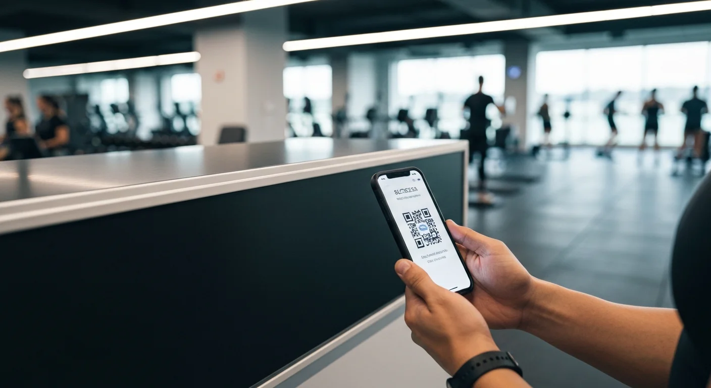 Socio ingresando al gimnasio mediante el escaneo de un código QR desde su celular.